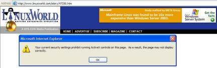 Pro-Microsoft Banner and ActiveX warning on LinuxWorld website