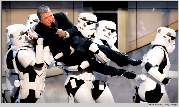 Shatner carried on-stage by Stormtroopers: Photographed by Kevin Winter/Getty Images