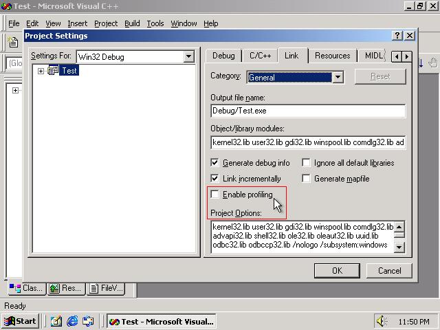 Picture of Visual C++ 6.0 'Enable Profile' checkbox